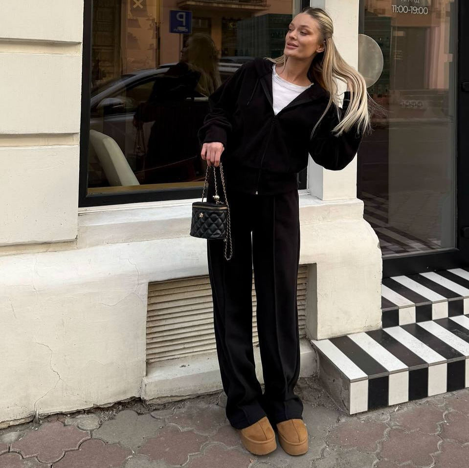 Damen Fleece-Lounge-Set mit kurzem Reißverschluss-Hoodie und taillenhoher Kordel-Jogginghose EB