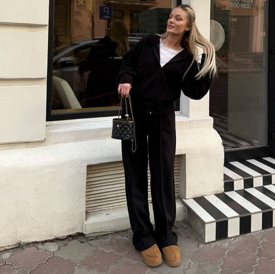 Damen Fleece-Lounge-Set mit kurzem Reißverschluss-Hoodie und taillenhoher Kordel-Jogginghose EB