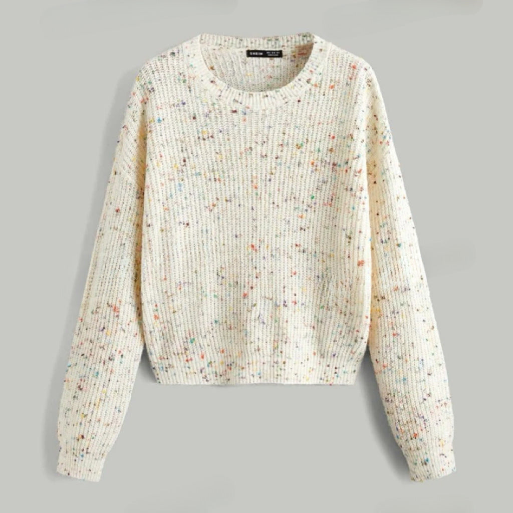 Damen lockerer Rippenpullover mit bunten Akzenten EB