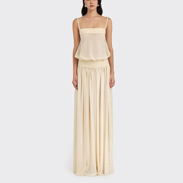 Damen Maxi-Kleid mit fließendem Chiffon-Oberteil und elastischem Bund EB