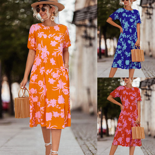 Damen Fließendes Maxikleid mit floralem Design und voluminösen Ärmeln EB