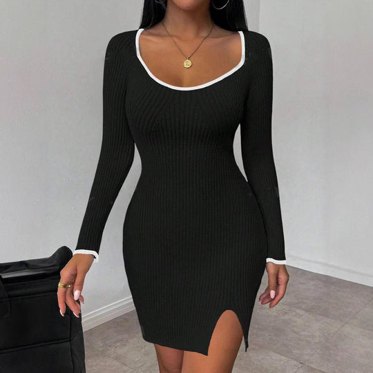 Damen Strickkleid mit schmalem Schnitt und raffiniertem Ausschnitt EB