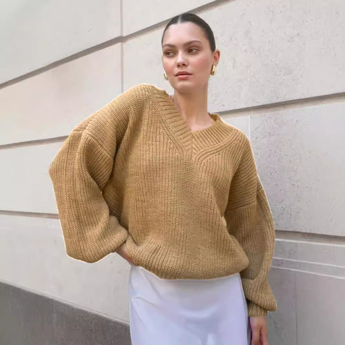 Damen lässiger Pullover mit V-Ausschnitt und voluminösen Ärmeln EB