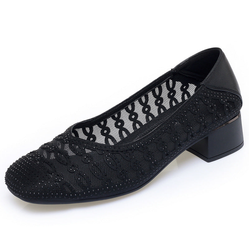 Damen Dekorative Ballerinas mit Strassverzierung und bequemen Blockabsatz EB