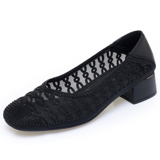 Damen Dekorative Ballerinas mit Strassverzierung und bequemen Blockabsatz EB