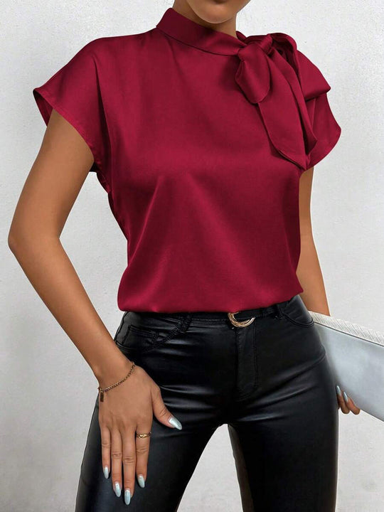 EB | Satinbluse Kurzarm Hoher Kragen mit Schleife Eleganter Entspannter Schnitt