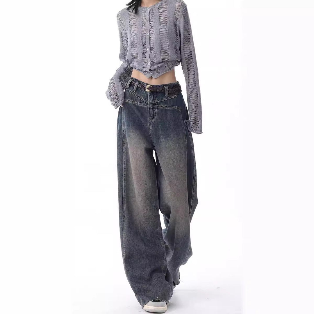 Damen Weite High-Waist Jeans mit lässigen Falten und modischem Design EB