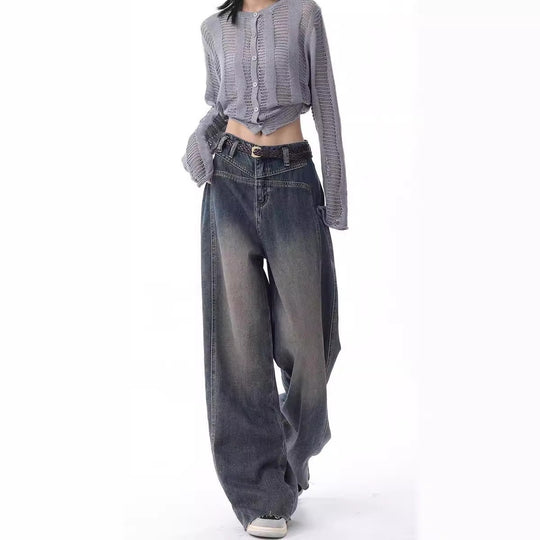 Damen Weite High-Waist Jeans mit lässigen Falten und modischem Design EB