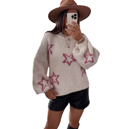 Damen Strickpullover mit Sternen-Design und weit ausgestellten Ärmeln EB