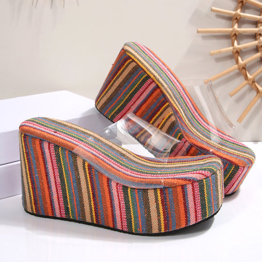 Damen Wedge-Pantoletten mit durchsichtigen Riemen und farbenfrohem Streifenmuster EB