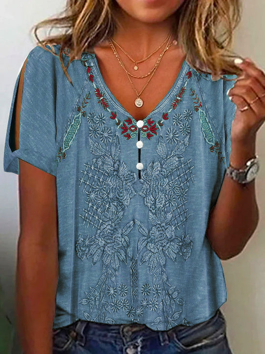 Damen Kurzarmbluse mit floralen Stickereien und Knopfdetails EB