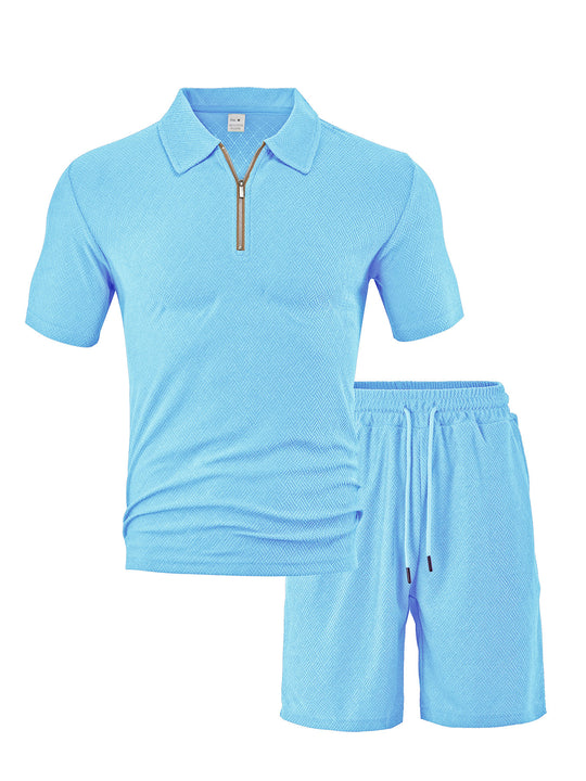 Herren nan komfortables Kurzarm-Halbzip-Set mit Polokragen und elastischer Kordelhose aus Strukturstrick EB