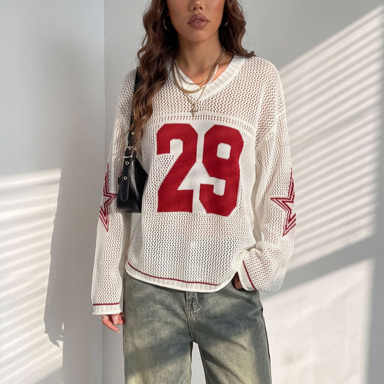 Damen Oversize Netz-Strick Cropped Pullover mit V-Ausschnitt EB