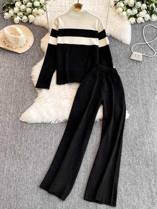 Damen modisches Strick-Loungewear-Set mit hohem Kragen und breiten Streifen EB