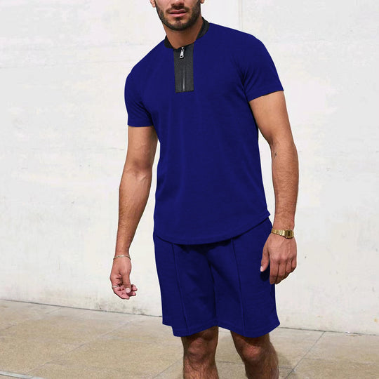 Herren Sportliches Kurzarm-T-Shirt mit Reißverschluss und Joggingshorts EB