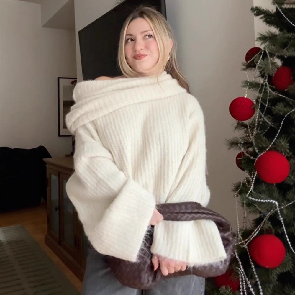 Damen Oversized Strickpullover mit weitem Schnitt und tiefem V-Ausschnitt EB