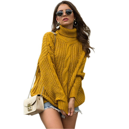 Damen Grobstrickpullover mit hohem Kragen und Zopfmuster EB