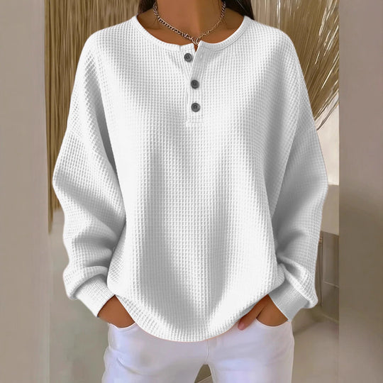 Damen nan Oversized Waffelstrick Henley-Pullover mit Knopfleiste und abgerundetem Saum EB