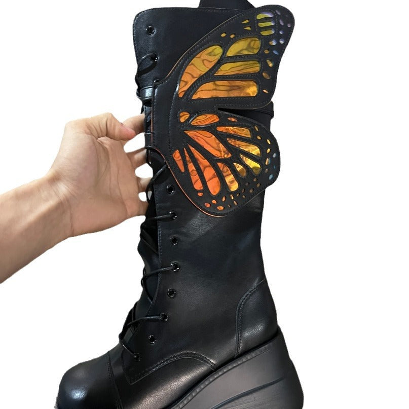 Damen Schnürstiefel mit modischem Schmetterlingsdesign und hohem Plateau EB