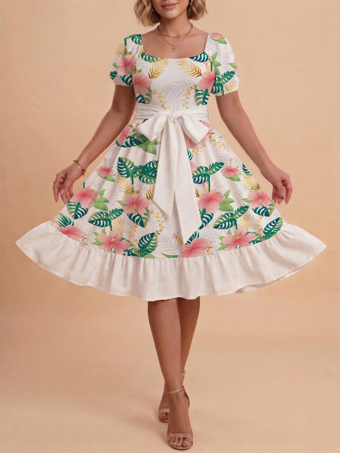 Damen modernes Blumenkleid mit elegantem Taillengürtel und asymmetrischem Saum EB