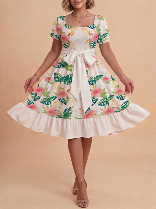 Damen modernes Blumenkleid mit elegantem Taillengürtel und asymmetrischem Saum EB