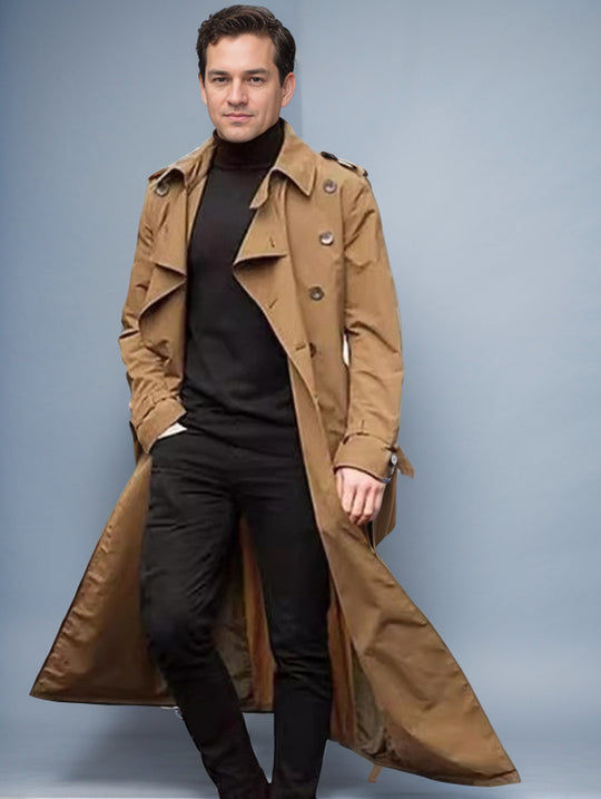 Herren langer Trenchcoat mit modernem Schnitt und praktischen Taschen EB
