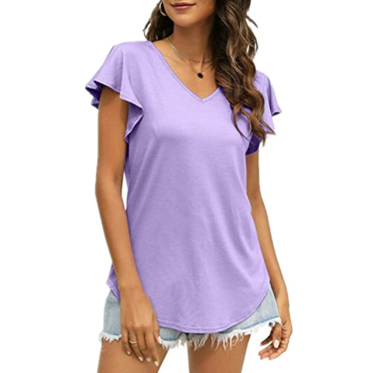 Damen V-Ausschnitt T-Shirt mit Rüschenärmeln und lässigem Schnitt EB