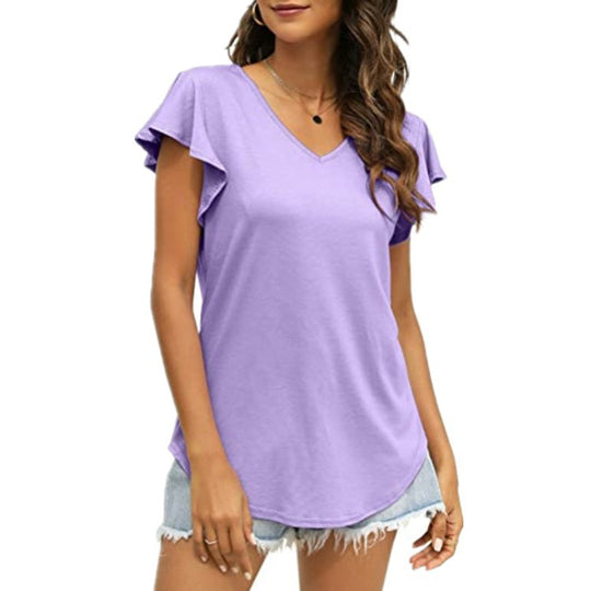 Damen V-Ausschnitt T-Shirt mit Rüschenärmeln und lässigem Schnitt EB