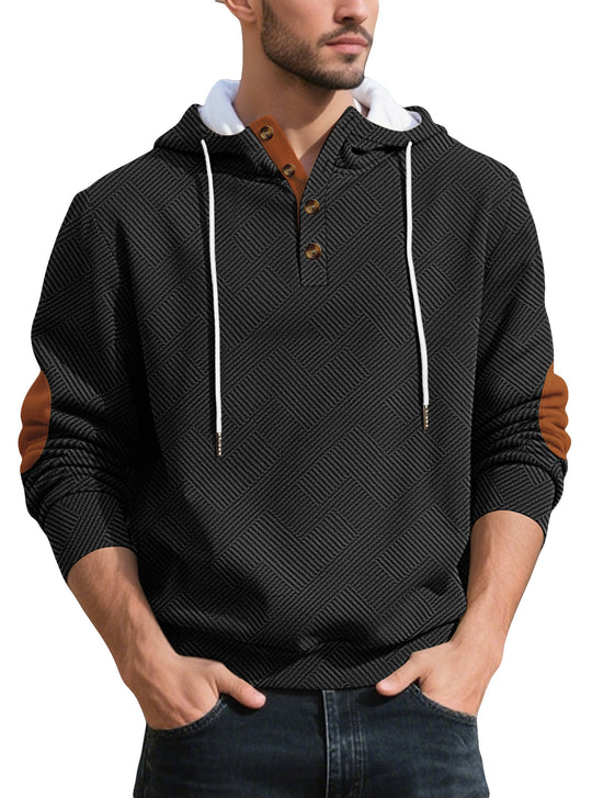 Herren nan strukturierter Kapuzen-Henley-Pullover mit Jacquardstruktur, Knopfleiste und Ellenbogenpatches EB