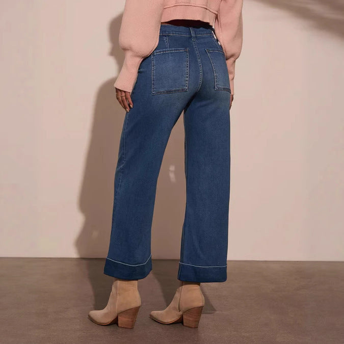 Damen weit geschnittene Denim-Hose mit hohem Bund EB