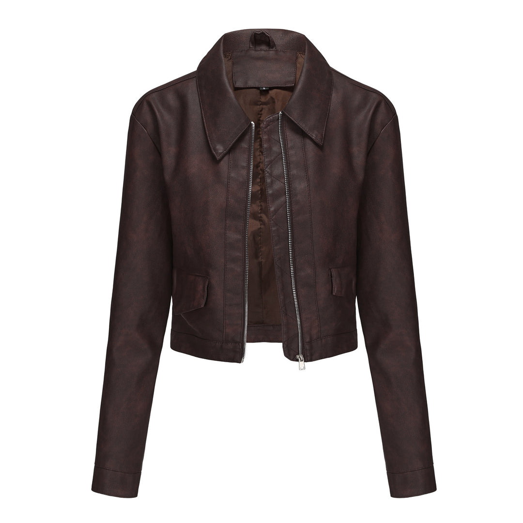 Damen modische cropped Kunstlederjacke mit klassischem Wellenkragen EB