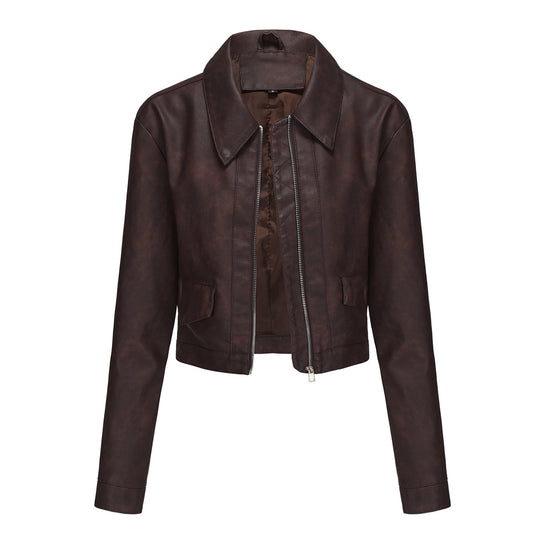 Damen modische cropped Kunstlederjacke mit klassischem Wellenkragen EB