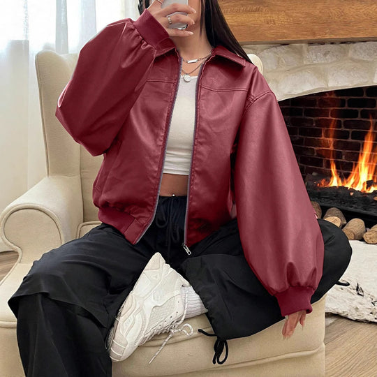 Damen Trendige Oversize-Jacke mit voluminösen Ärmeln und Reißverschluss EB