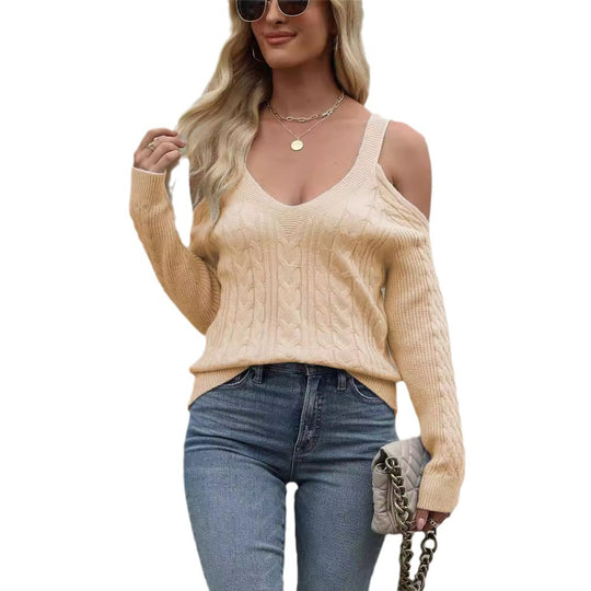 Damen Off-Shoulder Pullover mit Zopfmuster und V-Ausschnitt EB
