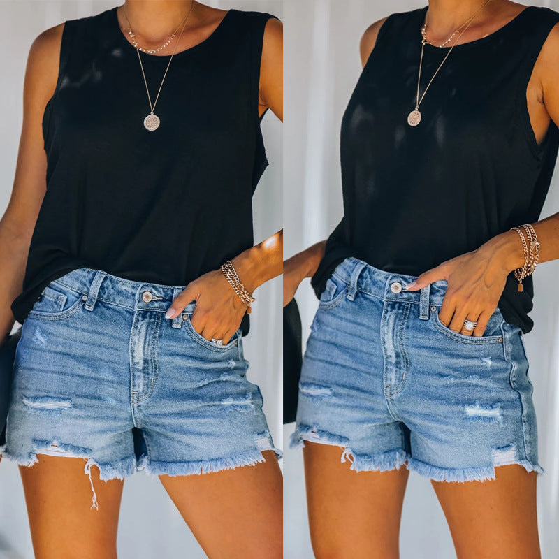 Damen Hochtaillierte Destroyed Jeansshorts EB