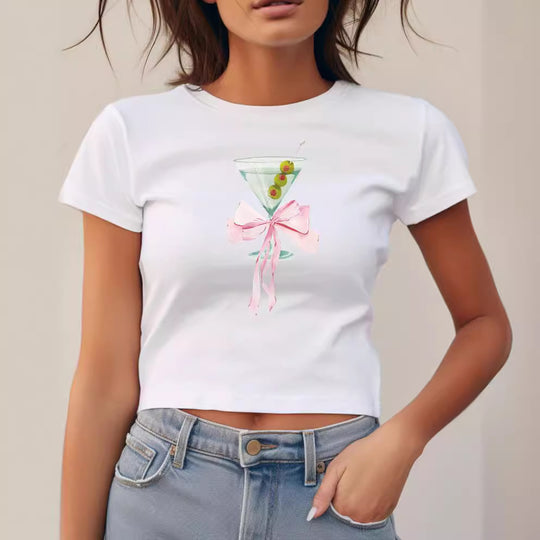 Damen Cropped T-Shirt mit trendy Cocktail-Design EB