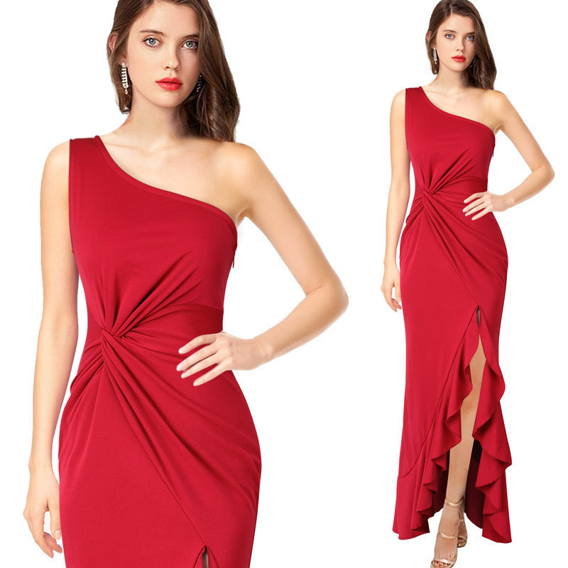 Damen Maxikleid mit asymmetrischem Ausschnitt und elegantem Raffdesign EB