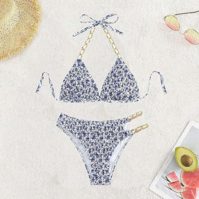 Damen Triangel-Bikini mit künstlerischem Muster und verstellbaren Ketten EB