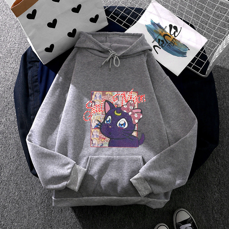Damen nan Oversize-Kapuzenpullover mit glitzerndem Anime-Katzen-Motiv, Kängurutasche und weichem Fleece-Innenfutter EB