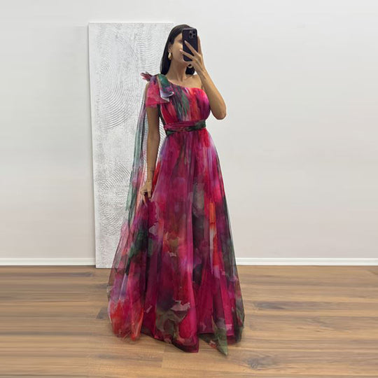 Damen Festliches Maxikleid mit transparenten Chiffon-Überlagern und zartem Rüschendesign EB
