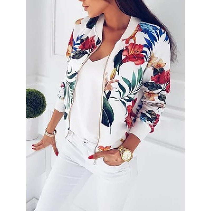 Damen Blousonjacke mit floralem Allover-Print, Reißverschluss und Rippbündchen EB
