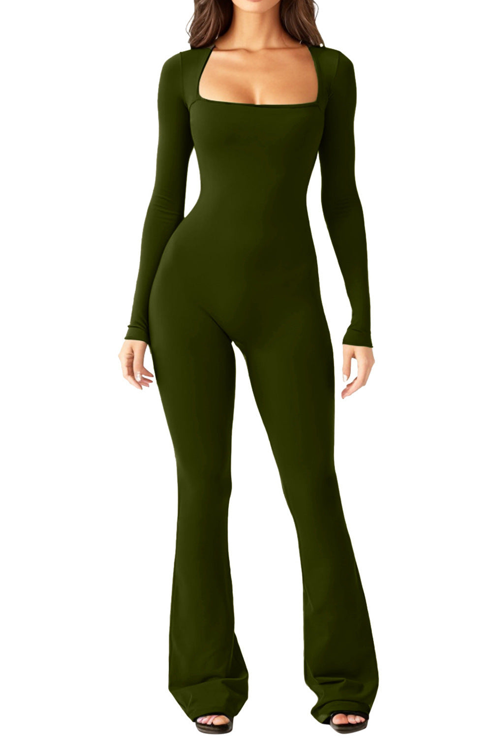 Damen nan figurbetonter Langarm-Jumpsuit mit quadratischem Ausschnitt und ausgestellter Schlaghose EB
