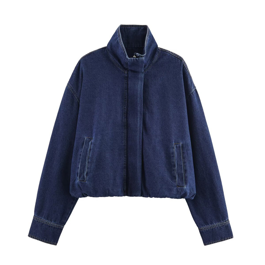Damen modische Denimjacke mit hohem Kragen und seitlichen Taschen EB