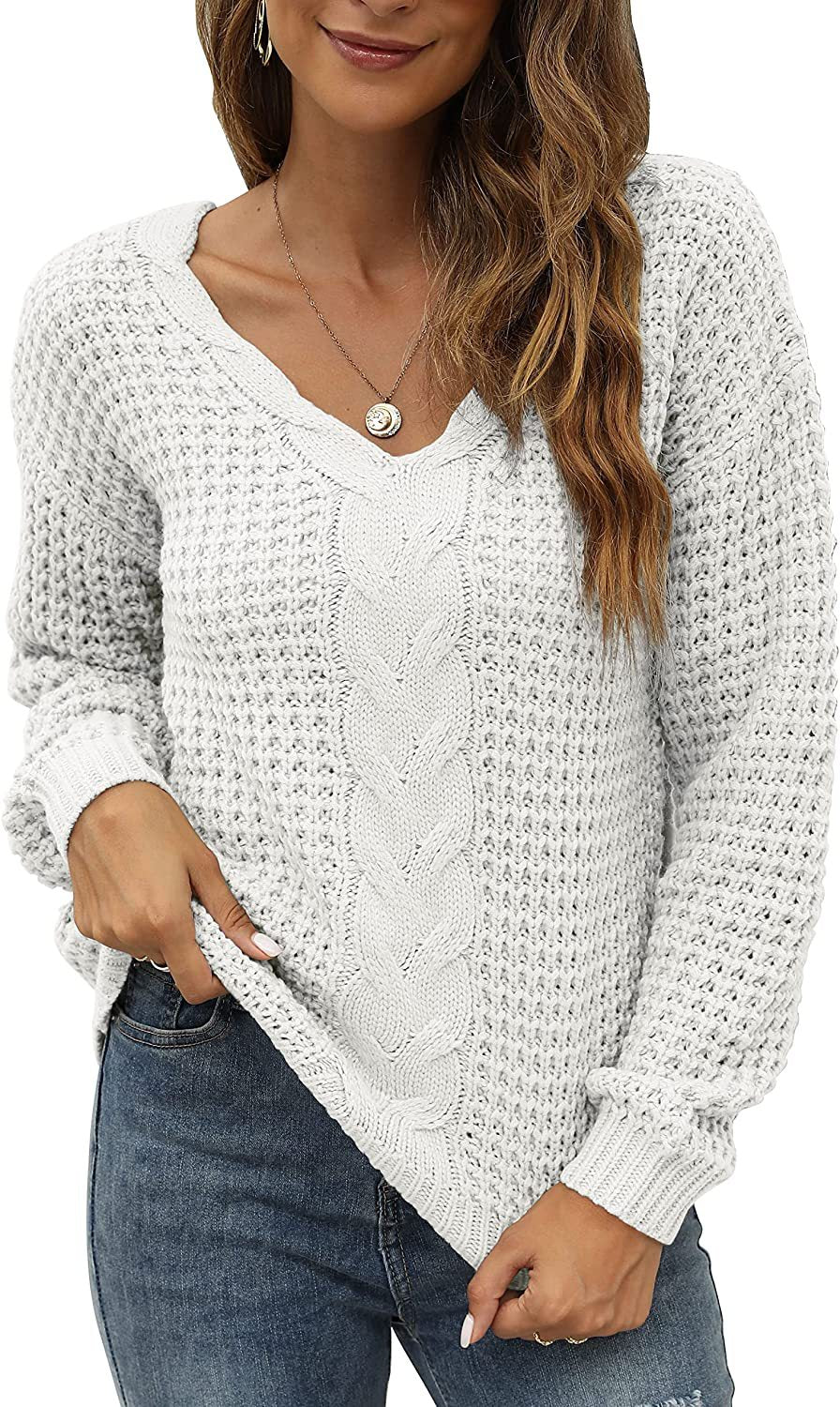 Damen lässiger Strickpullover mit tiefem V-Ausschnitt und detailliertem Zopfmuster EB