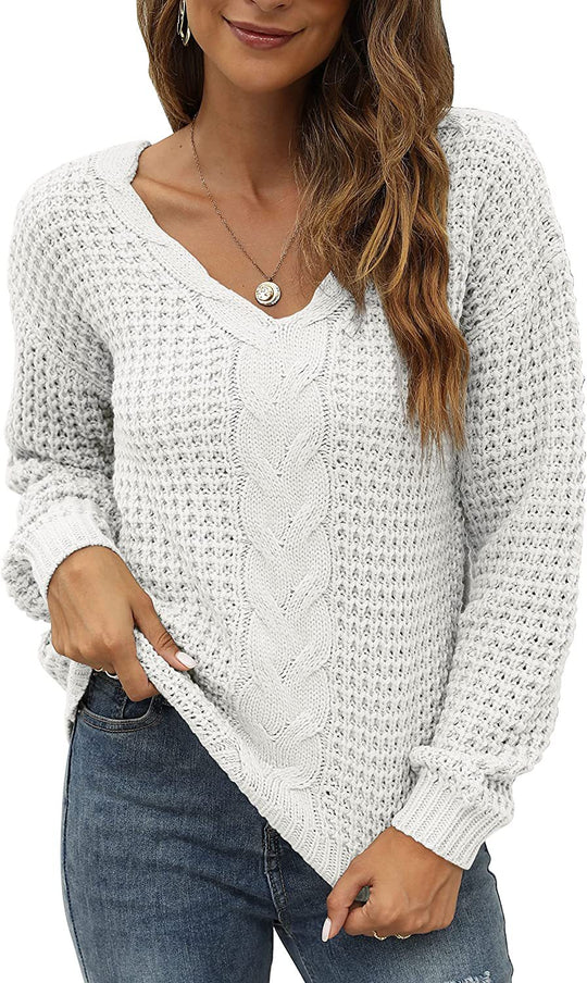 Damen lässiger Strickpullover mit tiefem V-Ausschnitt und detailliertem Zopfmuster EB