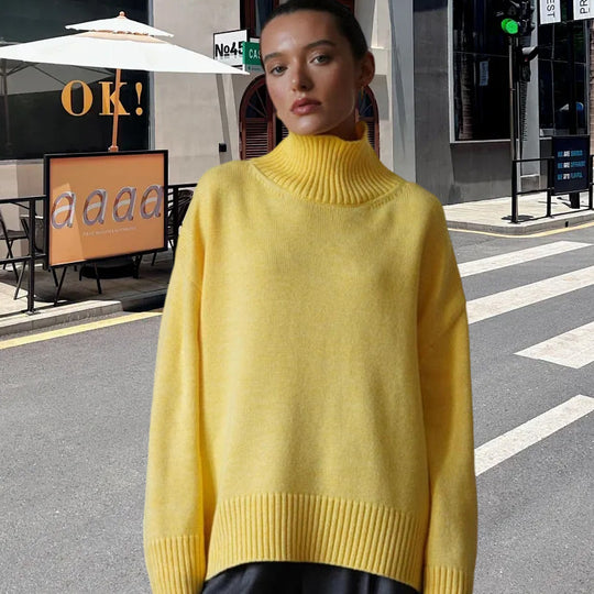 Damen Strickpullover mit hohem Kragen und weitem Schnitt EB