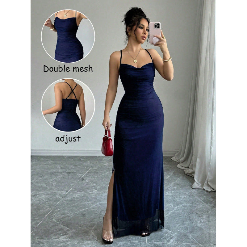 Damen Maxikleid mit verstellbaren Spaghettiträgern und raffiniertem Rüschendesign EB