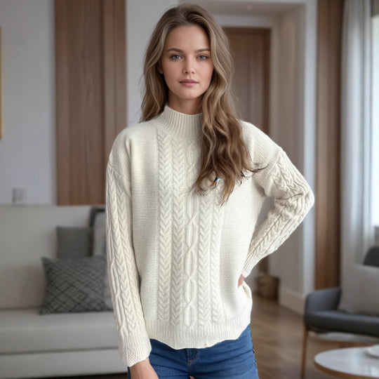 Damen kuscheliger Strickpullover mit modernem Zopfdesign und Rundhalsausschnitt EB