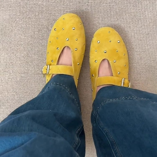 Damen elegante Ballerinas mit dekorativen Schmucksteinen und modischem Riemchen EB
