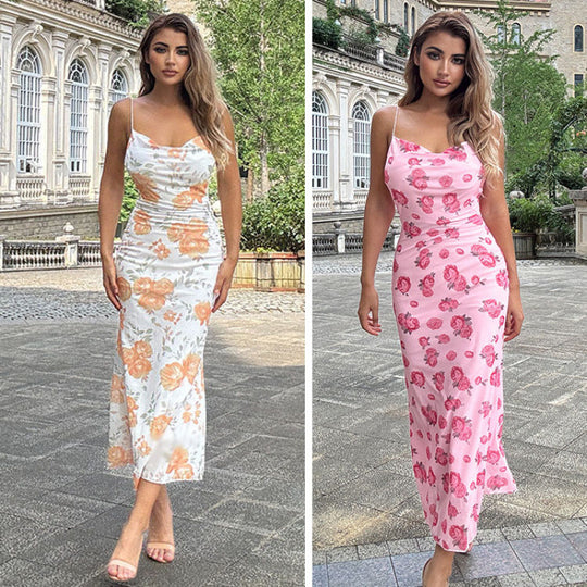 Damen Langes Blumenkleid mit feinen Trägern und figurbetontem Schnitt EB
